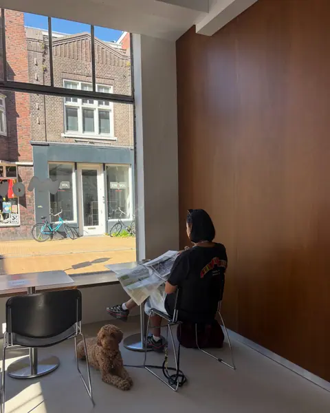 Guests and a dog in the front room, daylight through the street window